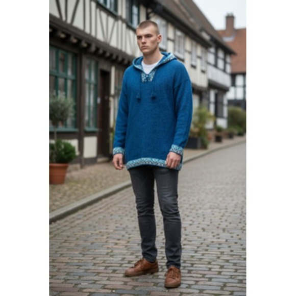 Ccorivicuna Sweater Hoodie Mens Large Blue Baby Alpaca Peru‎ Knit Cabincore Warm